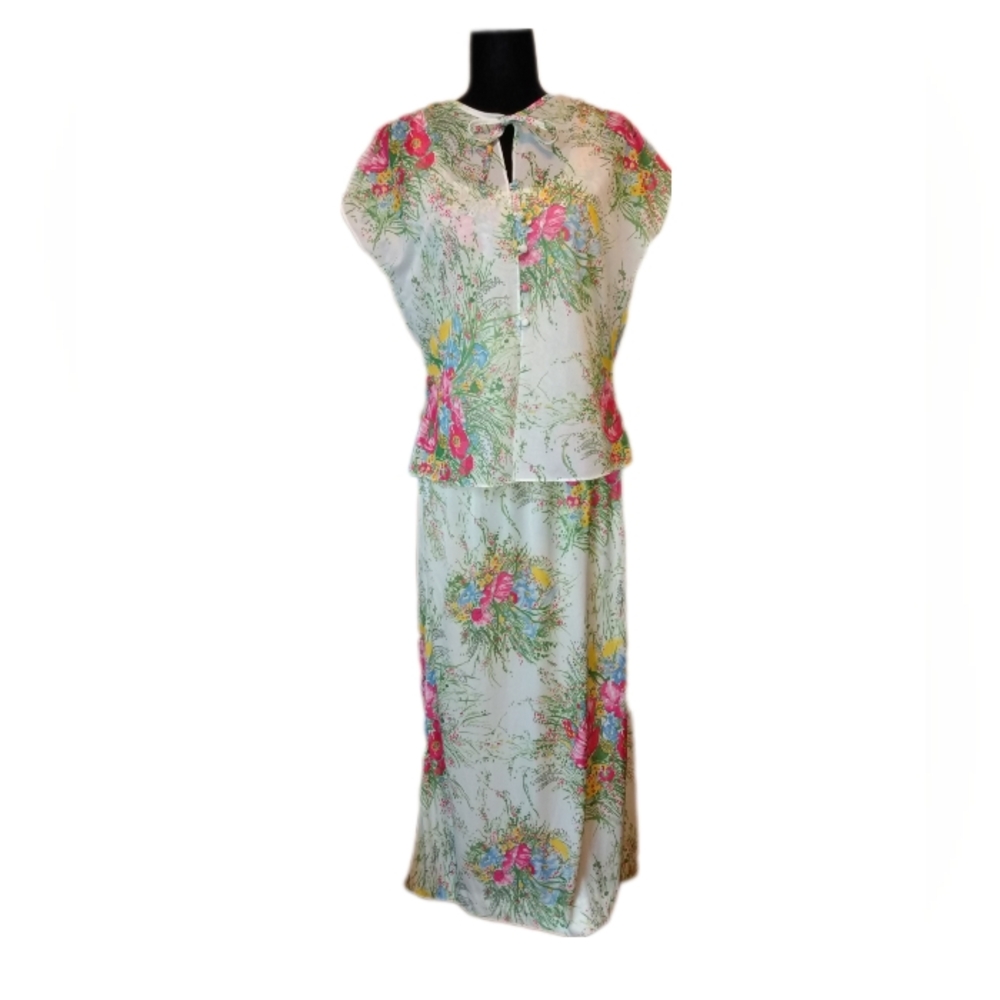 VTG Leslie Fay 2 Piece Bright Floral Gown with  Overlay